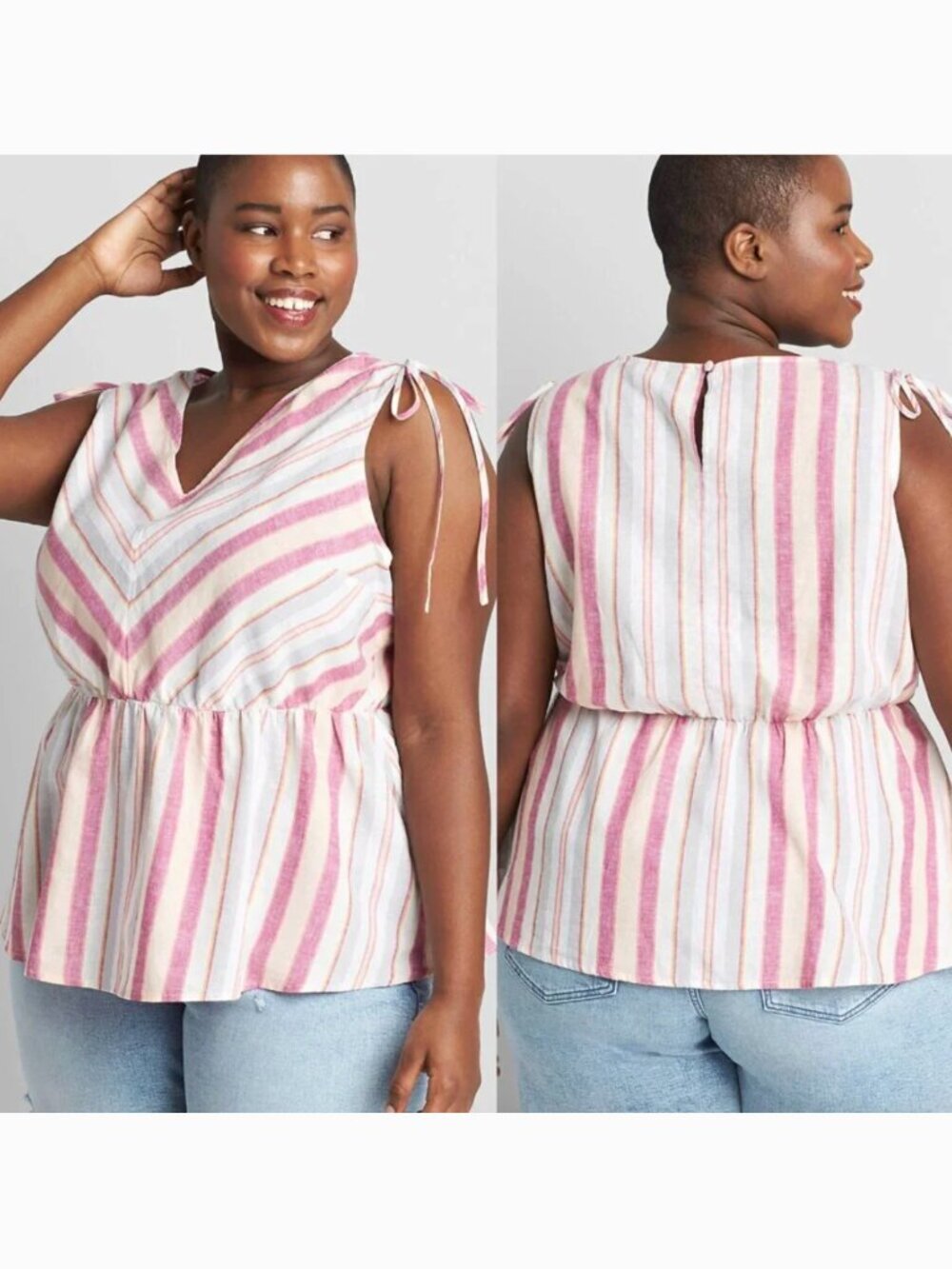 LANE BRYANT Plus Size Linen Striped Tie Shoulder Top Pink White Chevron Tank 2X